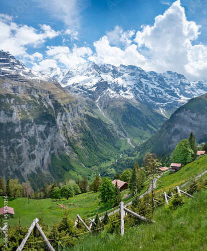 Landscape of  Lauterbrunnen valley with view on Eiger  in Swiss Alps, Switzerland.  Hiking trail from Murren to Gimmelwald. photo