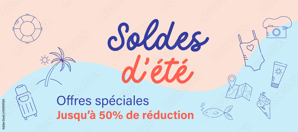Bannière soldes d'été. Illustration vectorielle avec des pictogrammes, des icones sur le thème de l'été. Message offres spéciales et réduction.