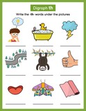 Write -th- sound missing words phonics worksheet. Find words with the correct spelling rule. Activity page for kids. Vector illustration