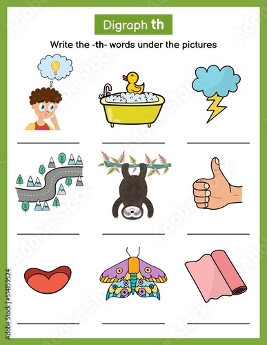 Write -th- sound missing words phonics worksheet. Find words with the correct spelling rule. Activity page for kids. Vector illustration