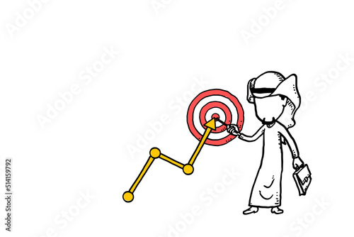 Arab investor showing business target. Uptrend stock concept. Cartoon vector illustration design