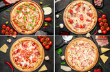 food collage of different types of pizza