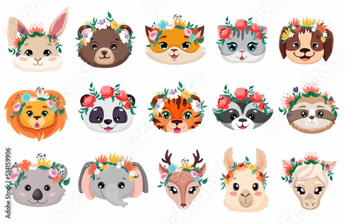 Fototapeta Naklejka Na Ścianę i Meble -  Set of cute animals with flower crown wreaths isolated on white background for nursery posters, birthday greeting cards, wedding design. Vector cartoon illustration