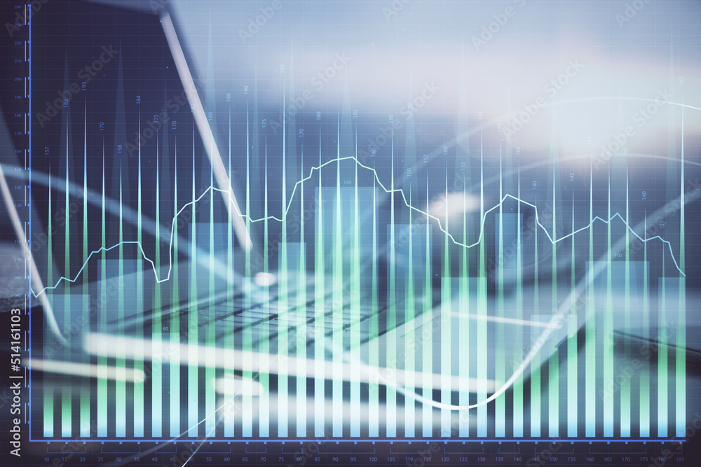 Forex market chart hologram and personal computer background. Double exposure. Concept of investment. Forex market chart hologram and personal computer background. Double exposure. Concept of investment.