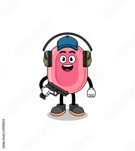 Character mascot of soap doing shooting range