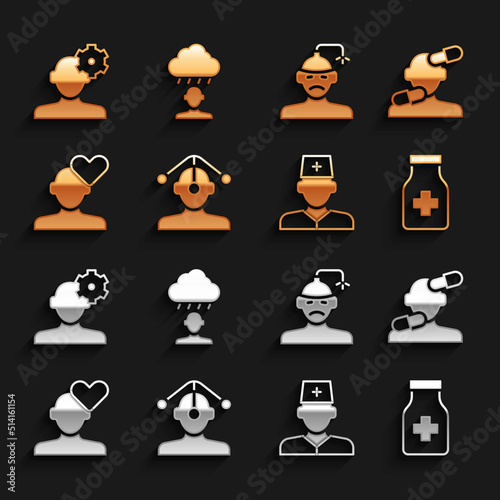 Set Hypnosis, Sedative pills, Male doctor, Broken heart divorce, Concussion, headache, Solution problem in psychology and Depression and frustration icon. Vector