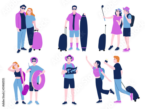 Set of tourists with luggage on white background
