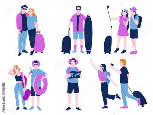 Wallpaper Mural Set of tourists with luggage on white background Torontodigital.ca