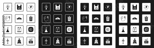 Set Recycle symbol with leaf, Electric car, saving plug in, Wind turbine, Trash can, Shopping bag recycle, Leaf Eco and Plant breeding icon. Vector