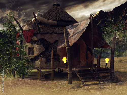 Fantasy orc hut in the mountains, with trees around and torches outside. 3D render.