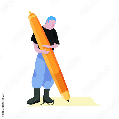 Writer with big pen and paper sheet on white background