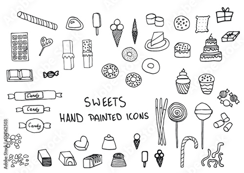 Sweets, chocolate, lolipop, candy, hand painted doodles, icons.