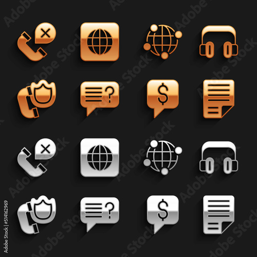 Set Unknown search, Headphones, File document, Paid support, Telephone handset with shield, Global technology, Declined missed call and Worldwide icon. Vector