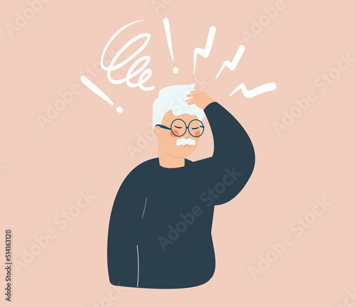 Older man has loss of short term memory. grandpa or grandfather has difficulty to remember things. Concept of Alzheimer’s disease, symptoms of dementia and mental health illness. Vector illustration
