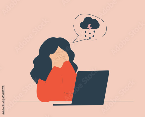 Young woman feels headache and cries covering her face. Stressed girl feeling depression and anxiety at her office. Female under rainy and stormy cloud concept. Vector stock