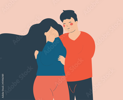 Depressed woman covering face while her husband comforting her. Man consoling and cares about his best friend. Concept of relationships support and couple problems. Vector illustration  