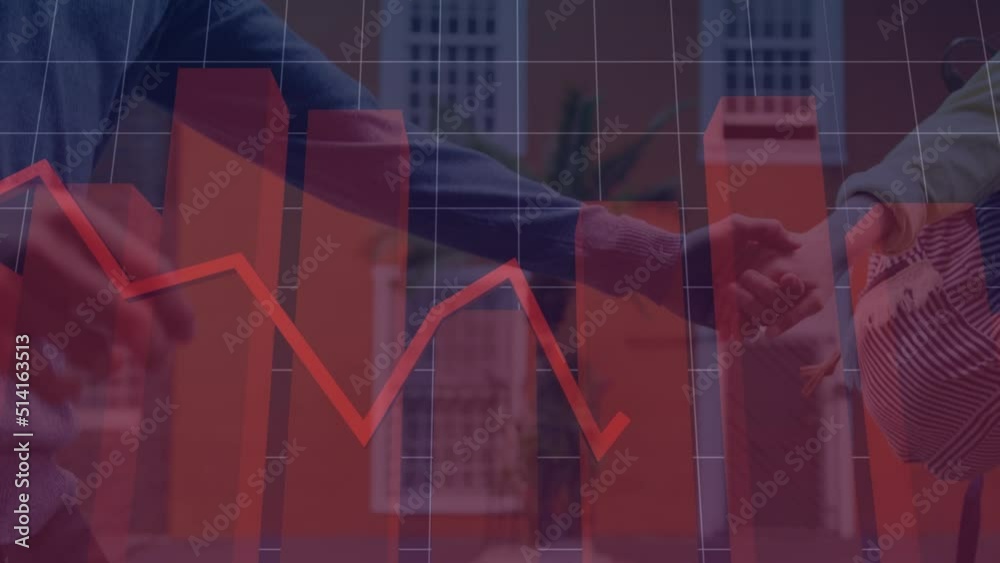 Animation of data processing and graphs over diverse woman and man holding hands