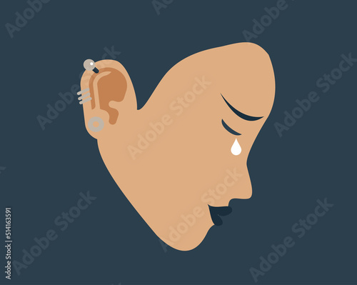 Sad woman crying on a side view feeling depression, stress and anxiety. Young girl cries and feels upset. Concept of negative mood, mental health illness and psychological problems. Vector stock
