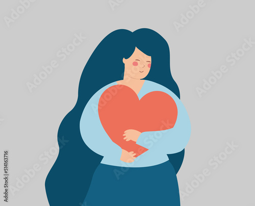 Woman hugs a big heart with love. Girl with closed eyes embraces a red heart and enjoys her freedom. Body positive, mother's love, mental health , Self acceptance and confidence concept. Vector stock
