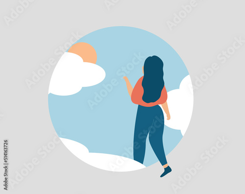 Woman doing the first step into the future to start a new life. Girl wants to get rid of mental health disorders. Concept of mental health improvement and hope. Vector stock

