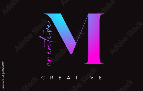 M Letter Design with Creative Cut and Serif Font in Purple Blue Colors Vector
