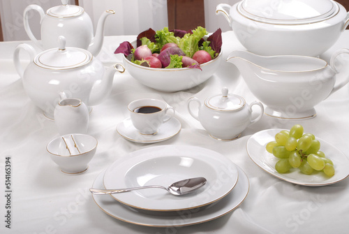 Luxury china dinnerware. Elegant golden design porcelain dishes.