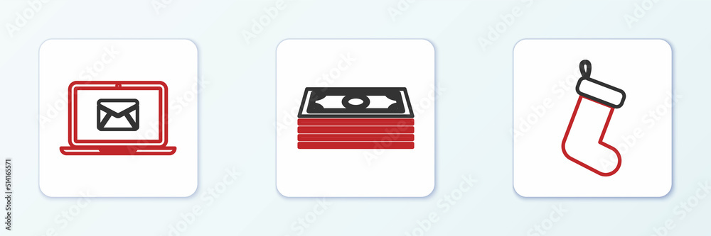 Set line Christmas sock, Laptop with envelope and Stacks paper money cash icon. Vector Set line Christmas sock, Laptop with envelope and Stacks paper money cash icon. Vector