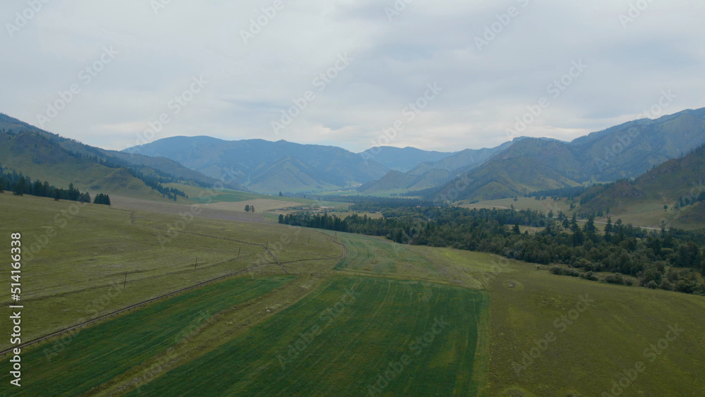 Green fields and mountains in Altai