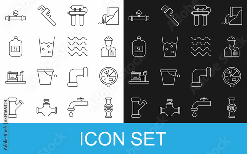 Set line Water meter, Plumber, filter, Glass with water, Big bottle clean, Industry pipe and manometer and Wave icon. Vector