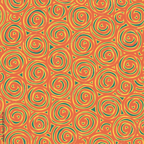 Abstract seamless pattern with spiral doodles. Colored vector repeating background. Suitable for wallpaper, wrapping paper, fabric or graphic print for clothes. Squiggle freehand texture