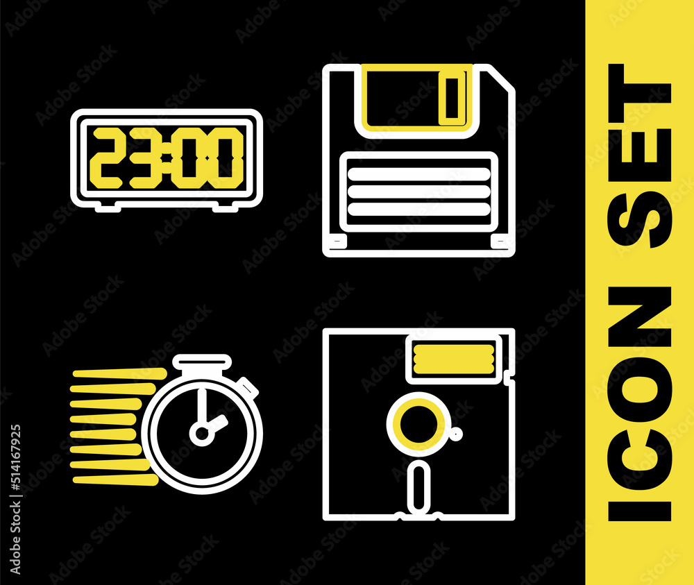 Set line Floppy disk, in the 5.25-inch, Stopwatch and Digital alarm clock icon. Vector Set line Floppy disk, in the 5.25-inch, Stopwatch and Digital alarm clock icon. Vector