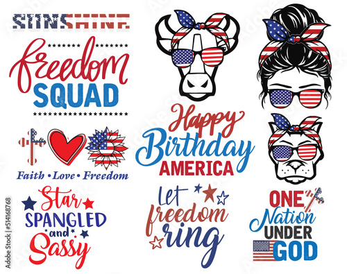 4th of July SVG T shirt Design Bundle. Freedom squad, Happy birthday America, let freedom ring, One nation under god.