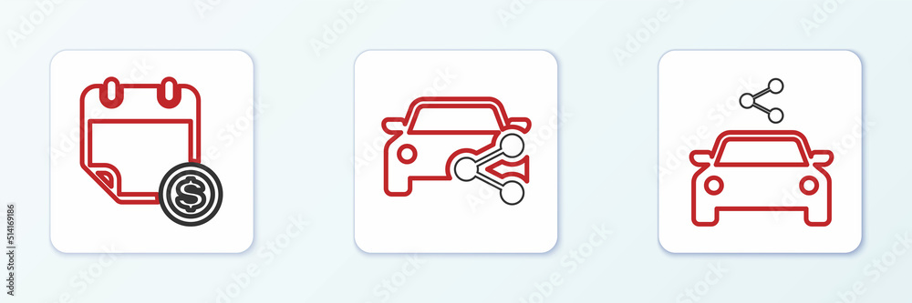Set line Car sharing, Financial calendar and icon. Vector