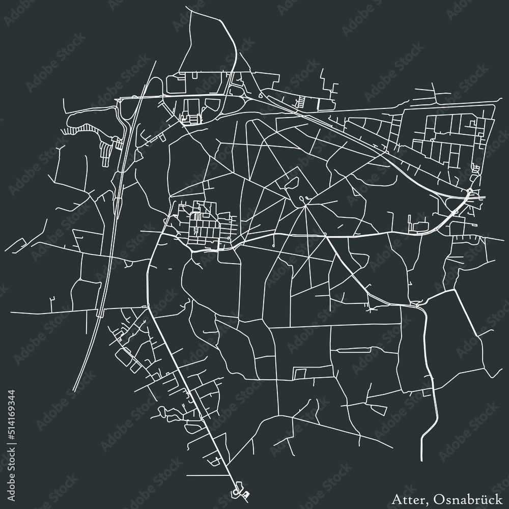 Detailed negative navigation white lines urban street roads map of the ATTER DISTRICT of the German regional capital city of Osnabrück, Germany on dark gray background