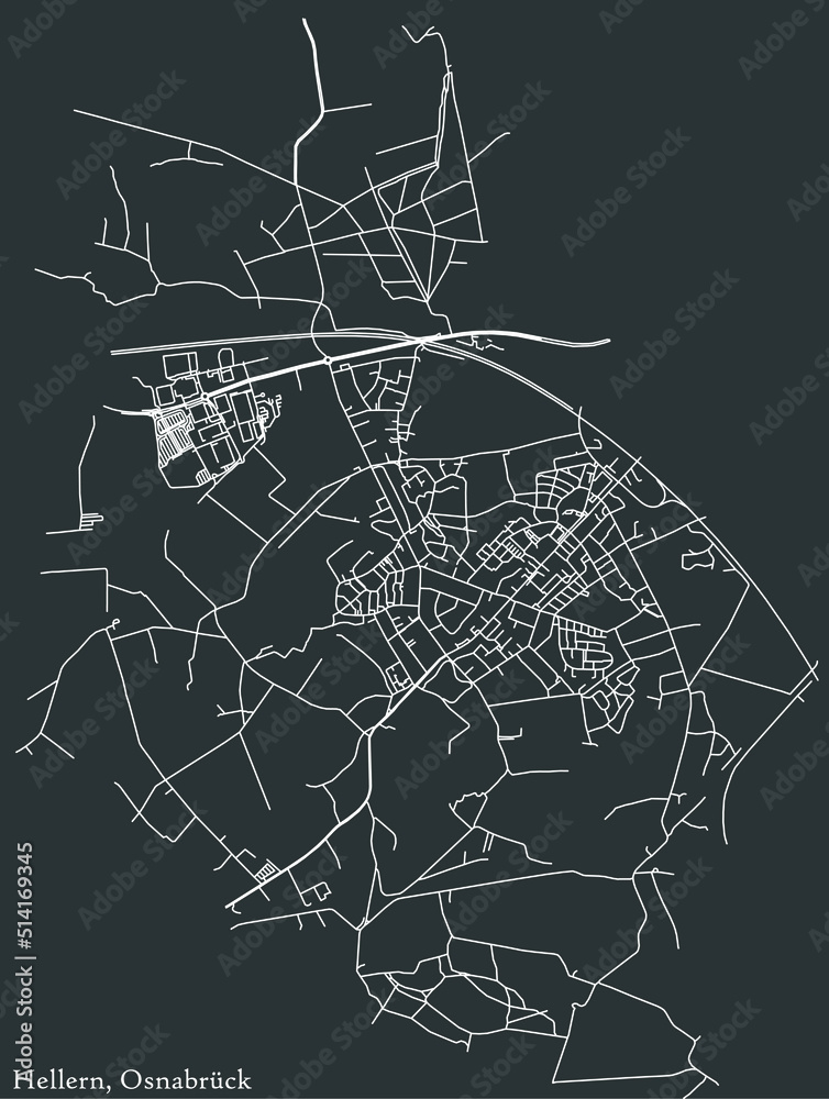 Detailed negative navigation white lines urban street roads map of the HELLERN DISTRICT of the German regional capital city of Osnabrück, Germany on dark gray background