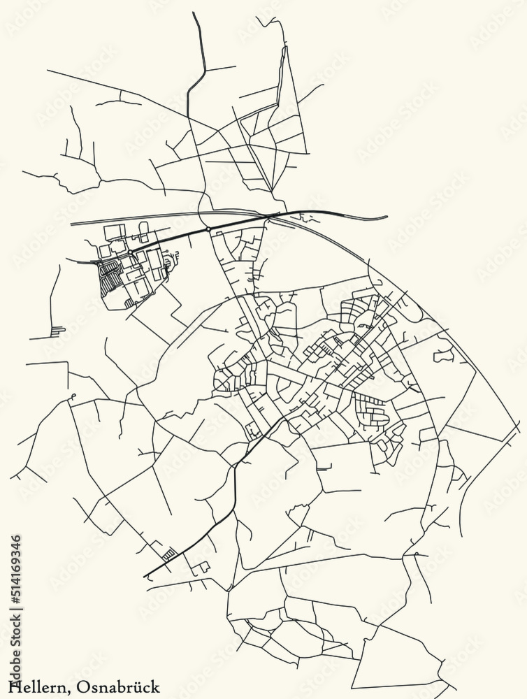 Detailed navigation black lines urban street roads map of the HELLERN DISTRICT of the German regional capital city of Osnabrück, Germany on vintage beige background