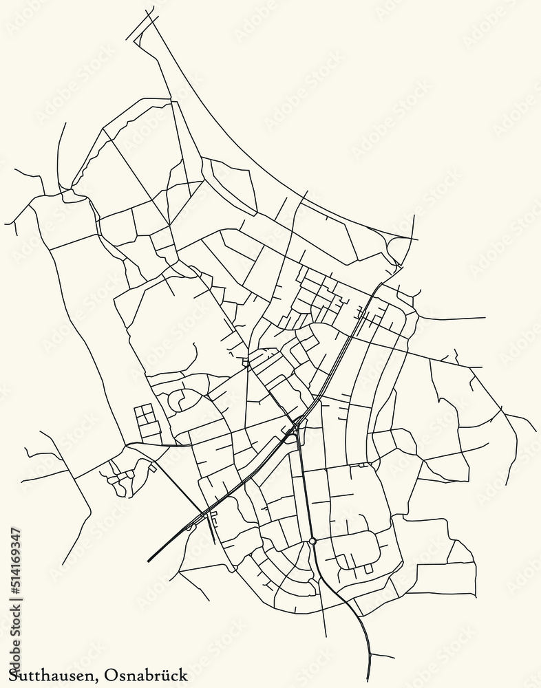 Detailed navigation black lines urban street roads map of the SUTTHAUSEN DISTRICT of the German regional capital city of Osnabrück, Germany on vintage beige background