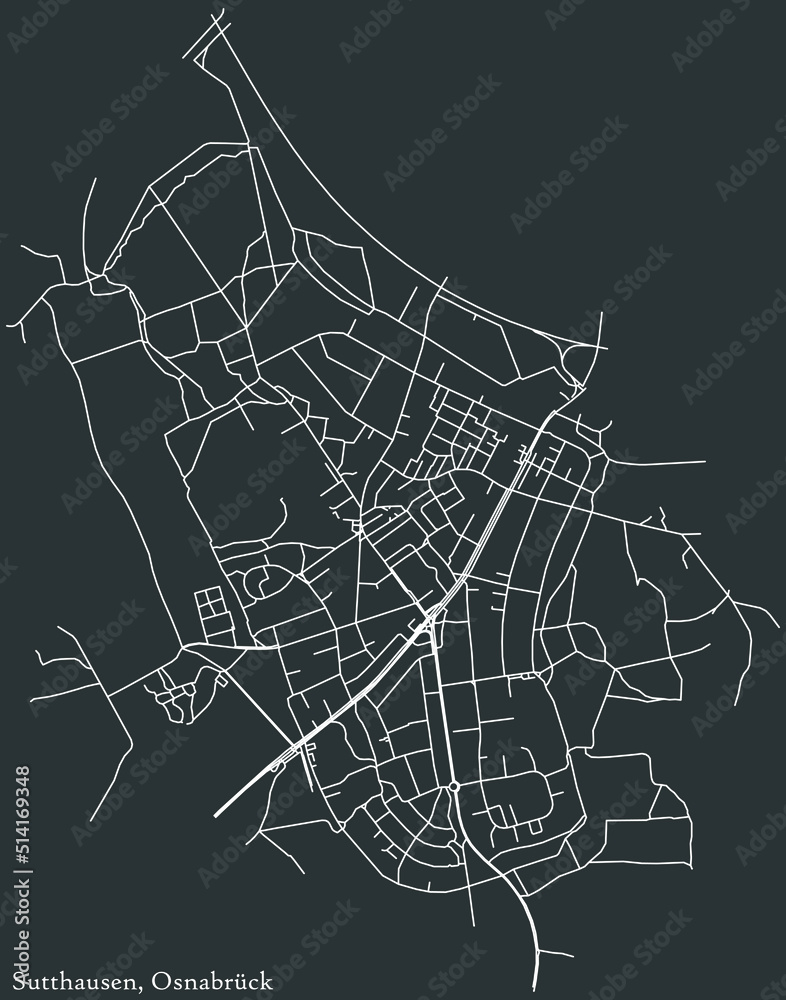 Detailed negative navigation white lines urban street roads map of the SUTTHAUSEN DISTRICT of the German regional capital city of Osnabrück, Germany on dark gray background