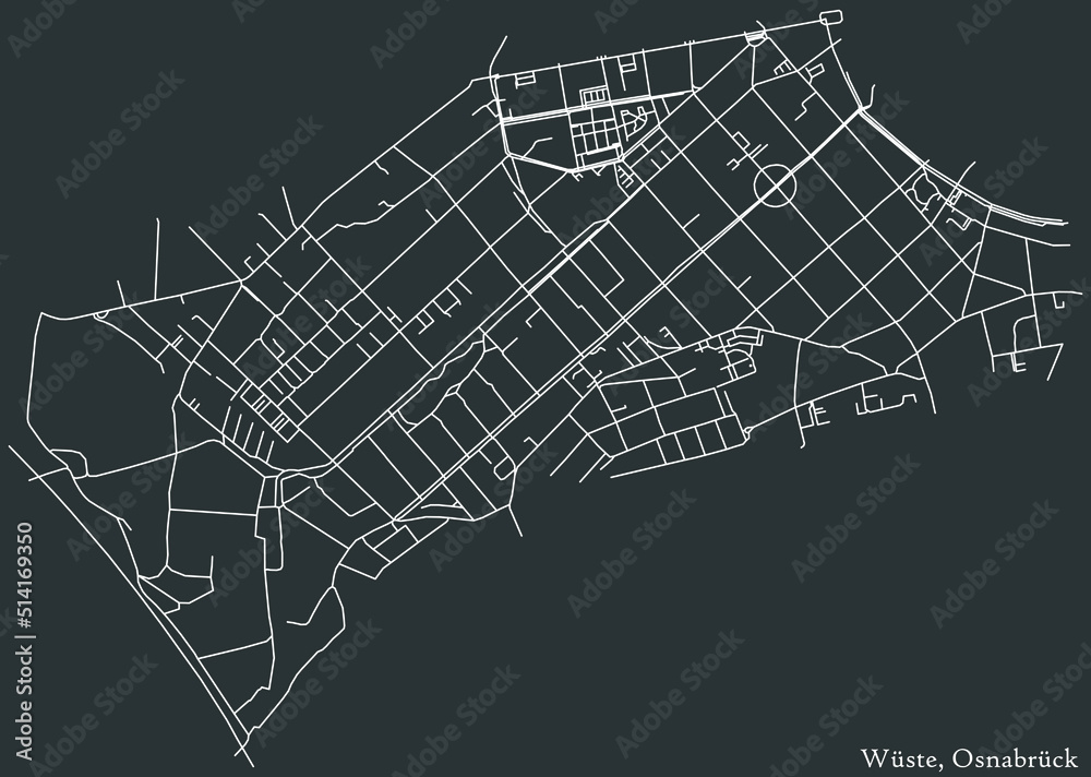 Detailed negative navigation white lines urban street roads map of the WÜSTE DISTRICT of the German regional capital city of Osnabrück, Germany on dark gray background