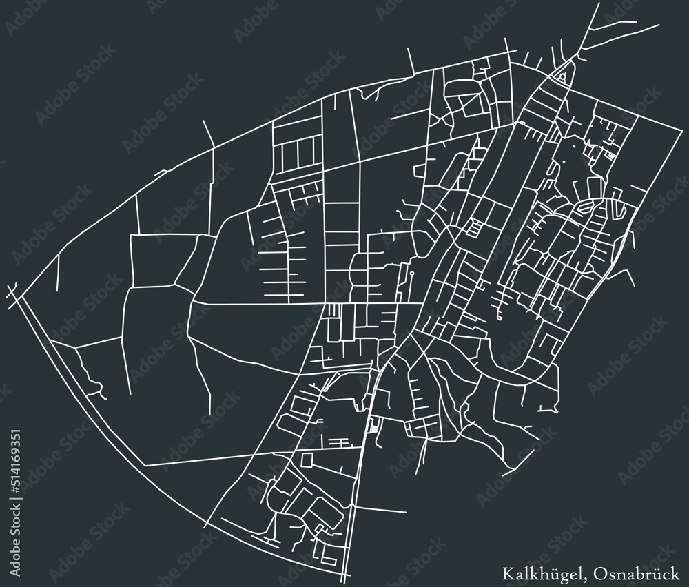 Fototapeta premium Detailed negative navigation white lines urban street roads map of the KALKHÜGEL DISTRICT of the German regional capital city of Osnabrück, Germany on dark gray background