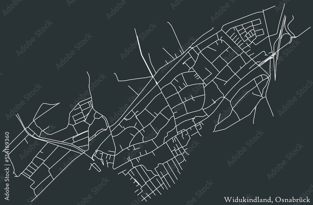 Detailed negative navigation white lines urban street roads map of the WIDUKINDLAND DISTRICT of the German regional capital city of Osnabrück, Germany on dark gray background