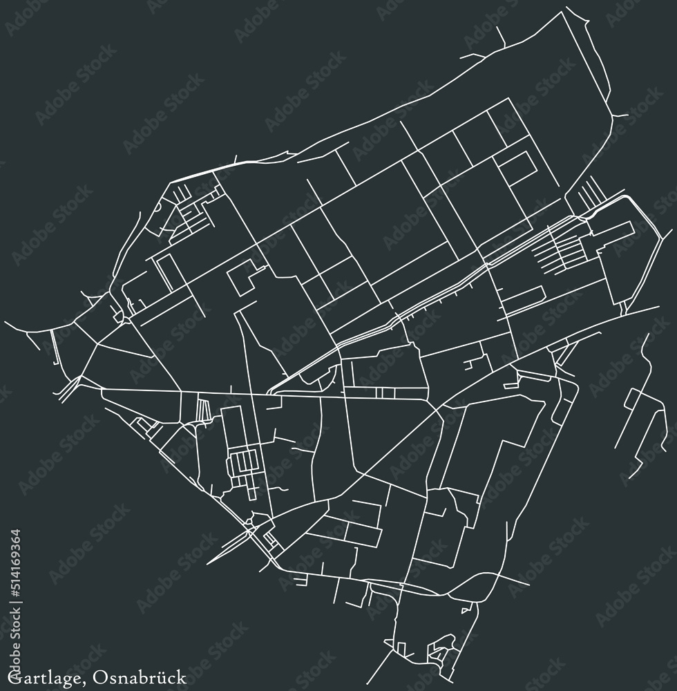 Detailed negative navigation white lines urban street roads map of the GARTLAGE DISTRICT of the German regional capital city of Osnabrück, Germany on dark gray background