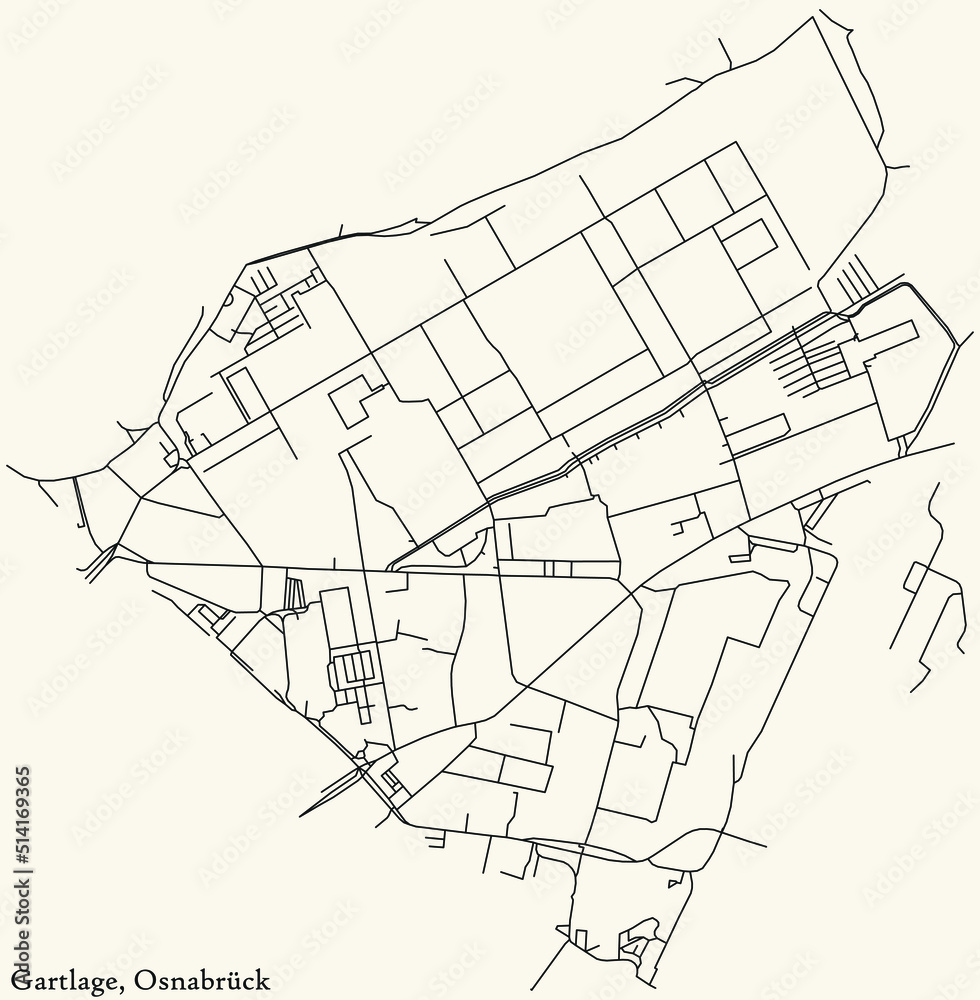 Detailed navigation black lines urban street roads map of the GARTLAGE DISTRICT of the German regional capital city of Osnabrück, Germany on vintage beige background
