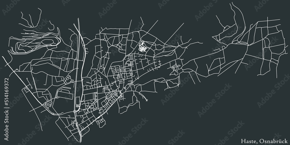 Detailed negative navigation white lines urban street roads map of the HASTE DISTRICT of the German regional capital city of Osnabrück, Germany on dark gray background
