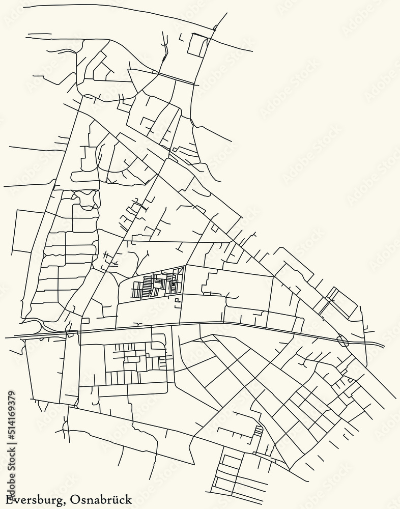 Detailed navigation black lines urban street roads map of the EVERSBURG DISTRICT of the German regional capital city of Osnabrück, Germany on vintage beige background