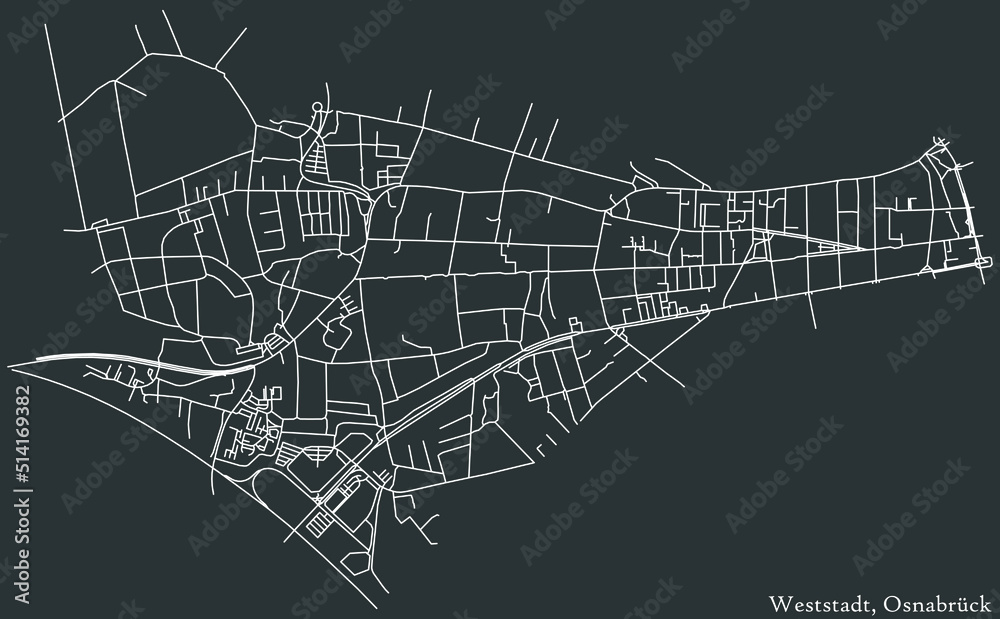 Detailed negative navigation white lines urban street roads map of the WESTSTADT DISTRICT of the German regional capital city of Osnabrück, Germany on dark gray background