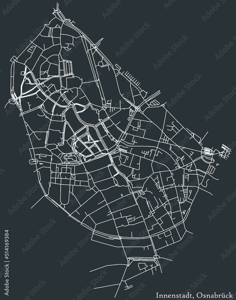 Detailed negative navigation white lines urban street roads map of the INNENSTADT DISTRICT of the German regional capital city of Osnabrück, Germany on dark gray background