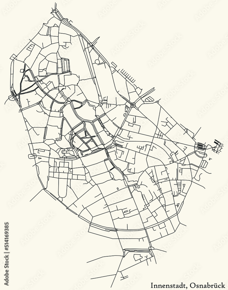 Detailed navigation black lines urban street roads map of the INNENSTADT DISTRICT of the German regional capital city of Osnabrück, Germany on vintage beige background