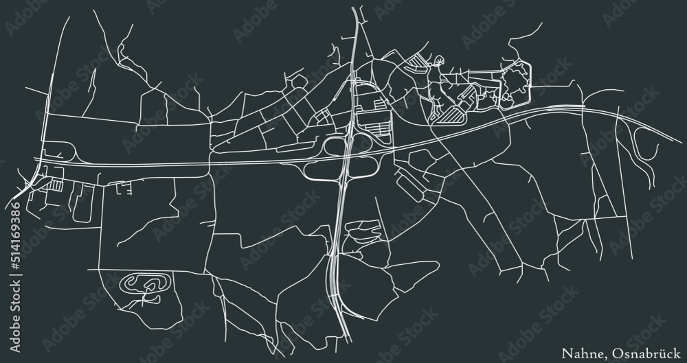 Detailed negative navigation white lines urban street roads map of the NAHNE DISTRICT of the German regional capital city of Osnabrück, Germany on dark gray background