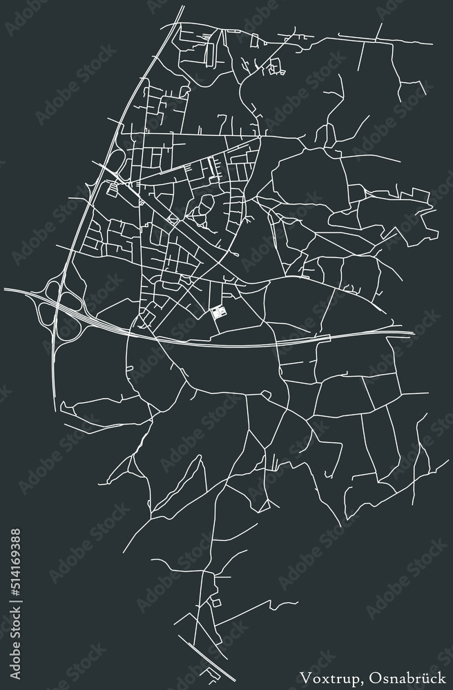 Detailed negative navigation white lines urban street roads map of the VOXTRUP DISTRICT of the German regional capital city of Osnabrück, Germany on dark gray background